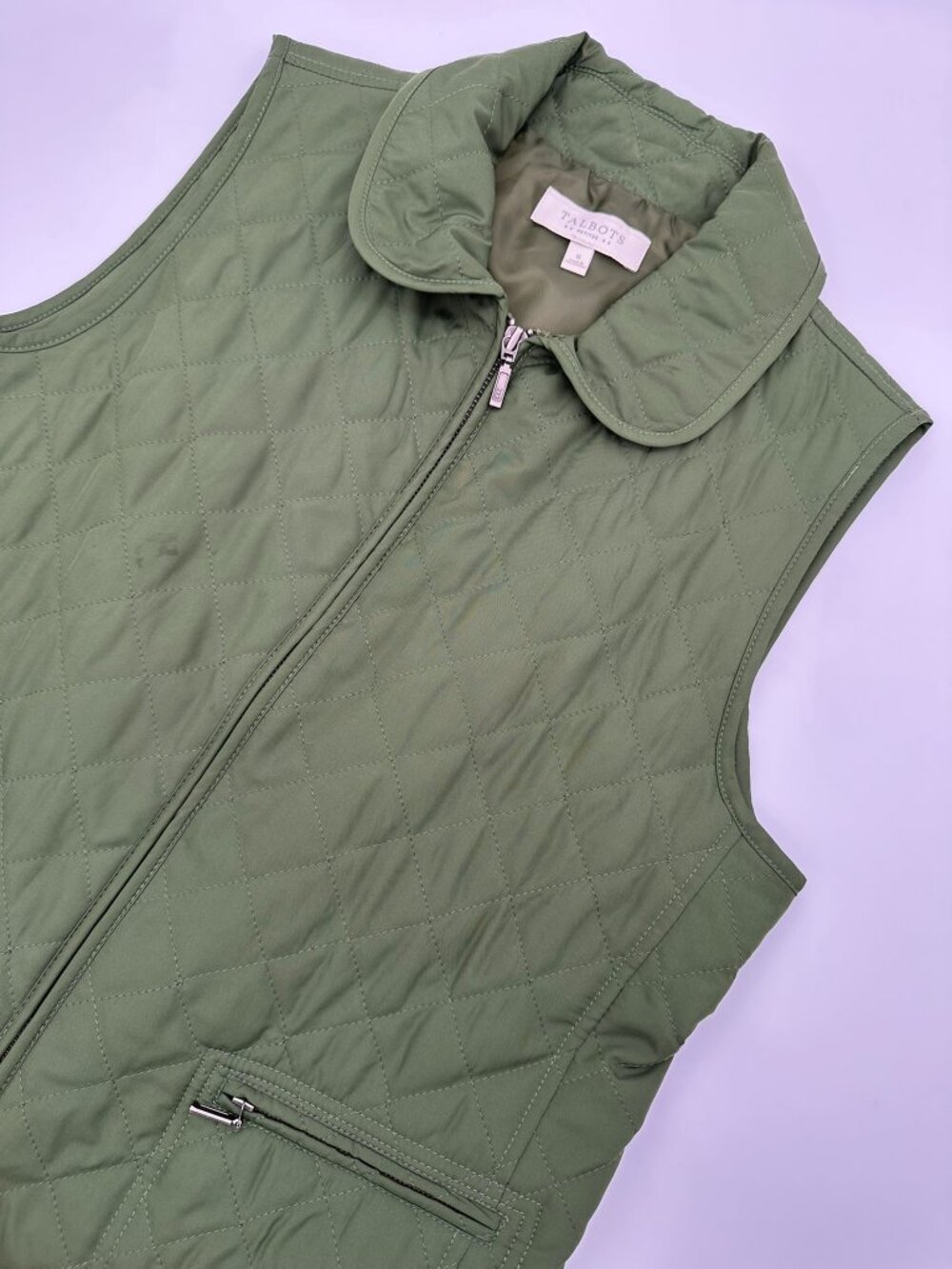 Talbots Petites Women's Diamond Quilted Full Zip Vest, Size SP, Moss Green